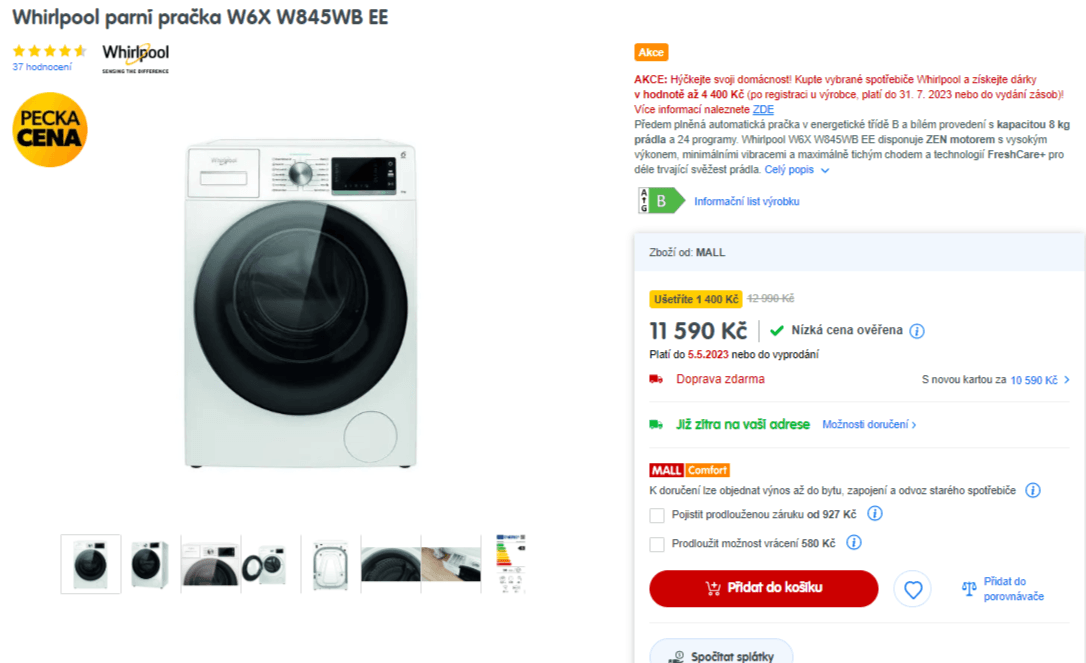 Parní pračka Whirlpool 8kg, 1400ot., ZEN