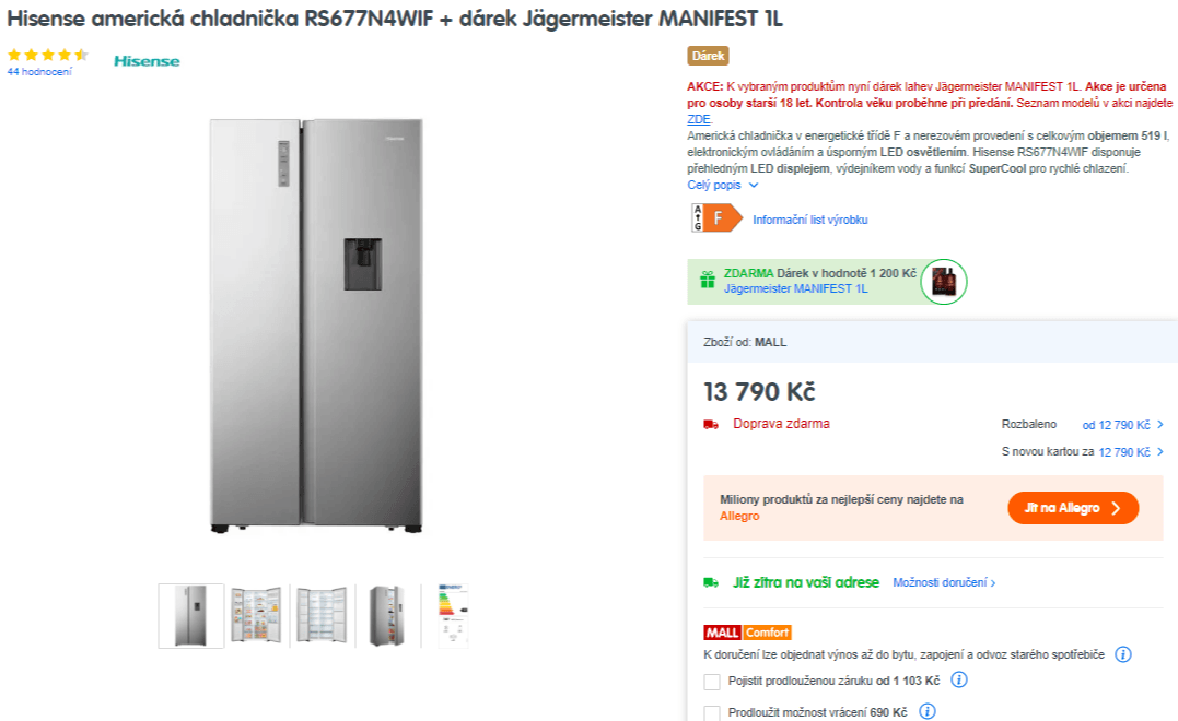 Americká lednice Hisense, voda, 179cm