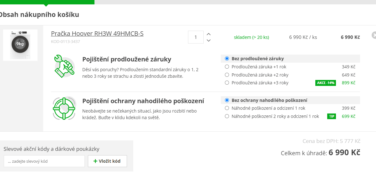 Pračka Hoover 9kg, 1400ot, pára
