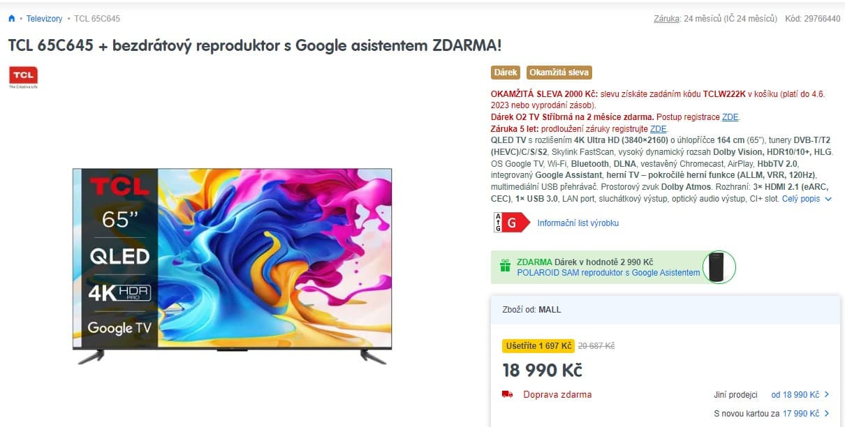 QLED TV TCL, 164 cm,  4K Ultra HD