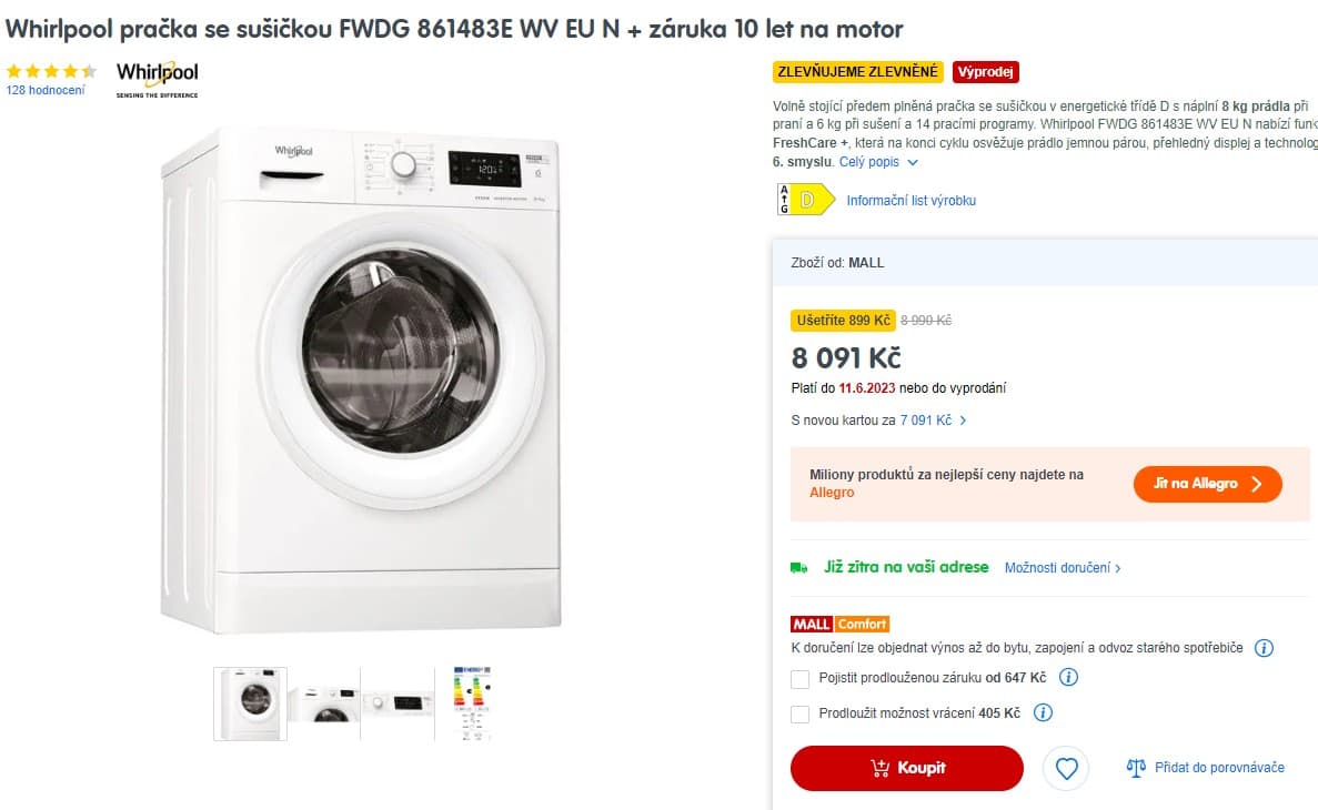 Pračka, sušička Whirlpool, 8/6kg, 1400 ot.