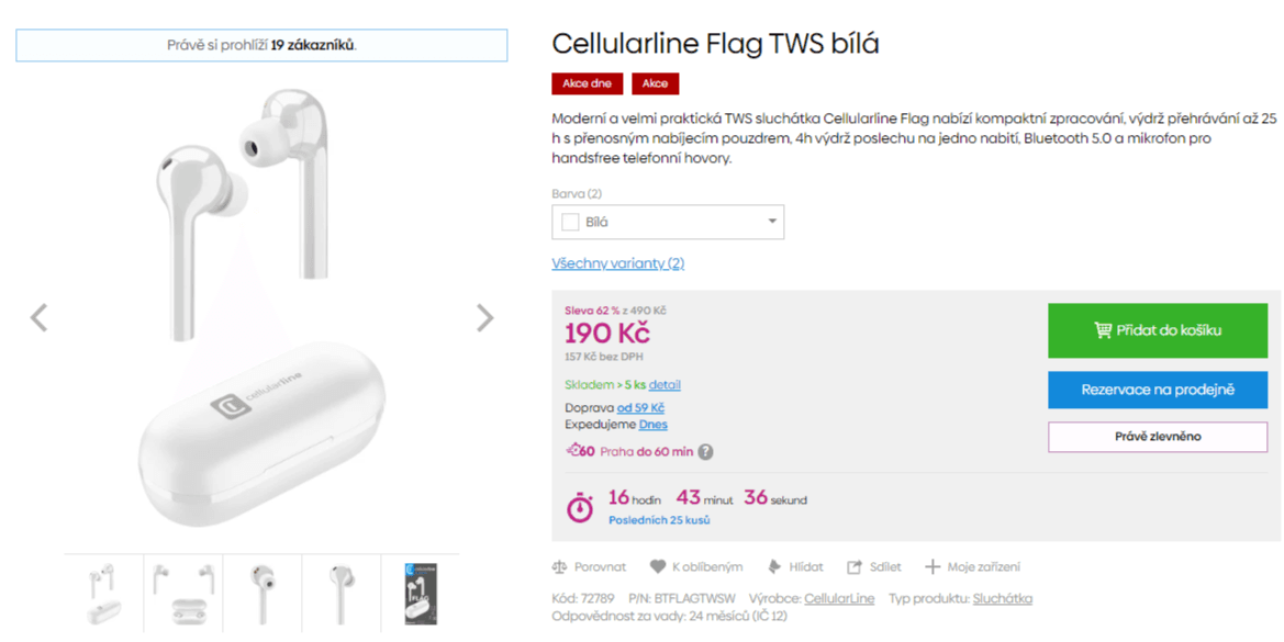 BT sluchátka Cellularline TWS, 28 hodin