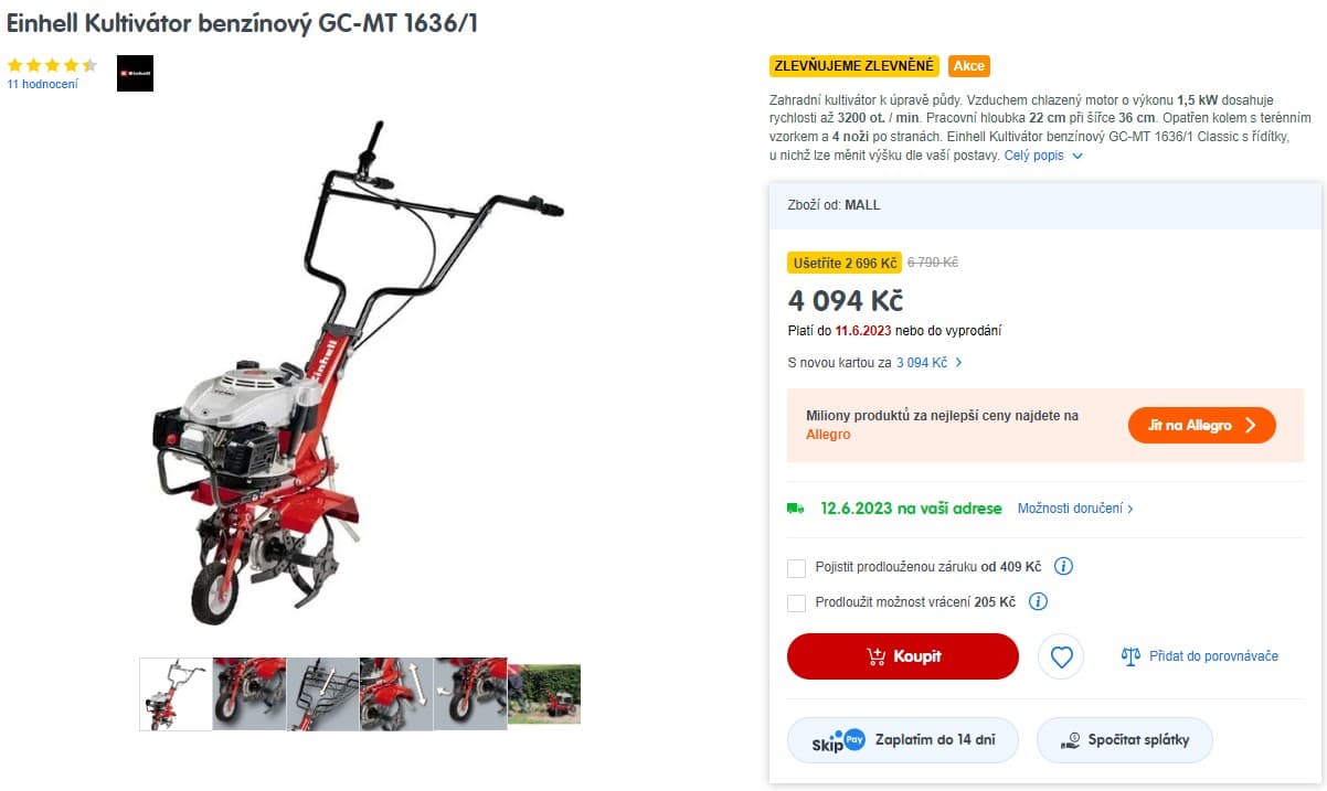 Kultivátor benzínový Einhell, 1,5 kW, 3200 ot./m
