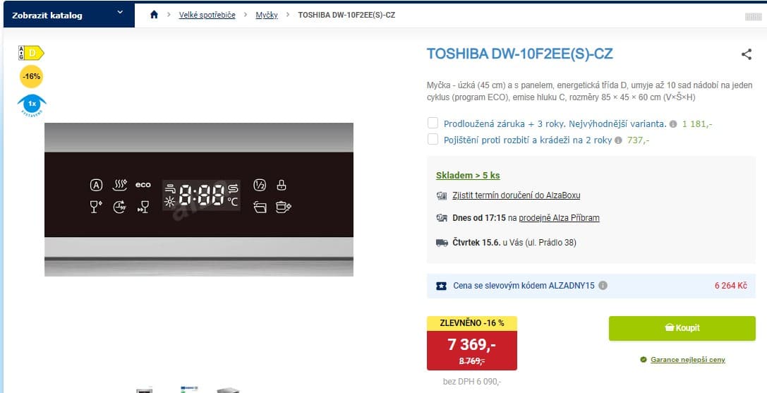 Myčka nádobí Toshiba, 45 cm, D, 10 sad