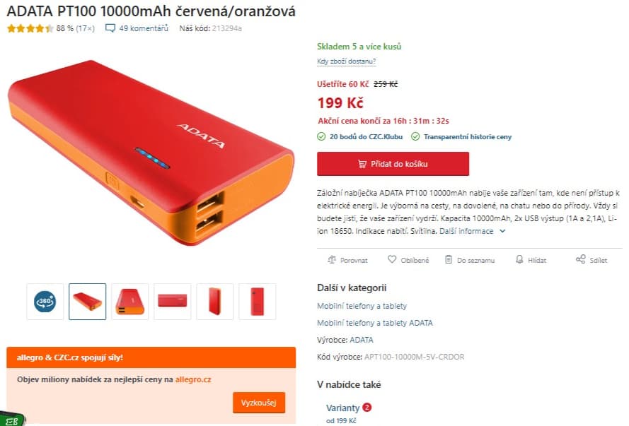 Powerbanka Adata 10000 mAh