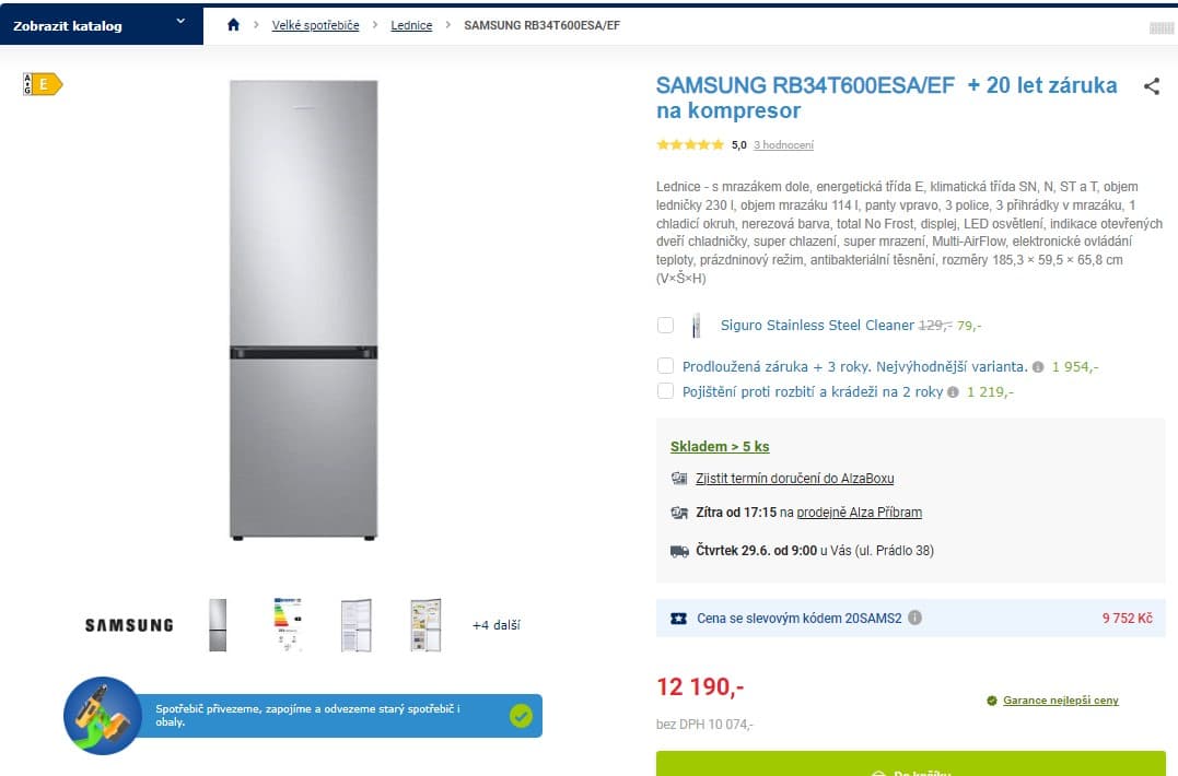 Komb. lednice Samsung, 344 l, nerez, 185 cm