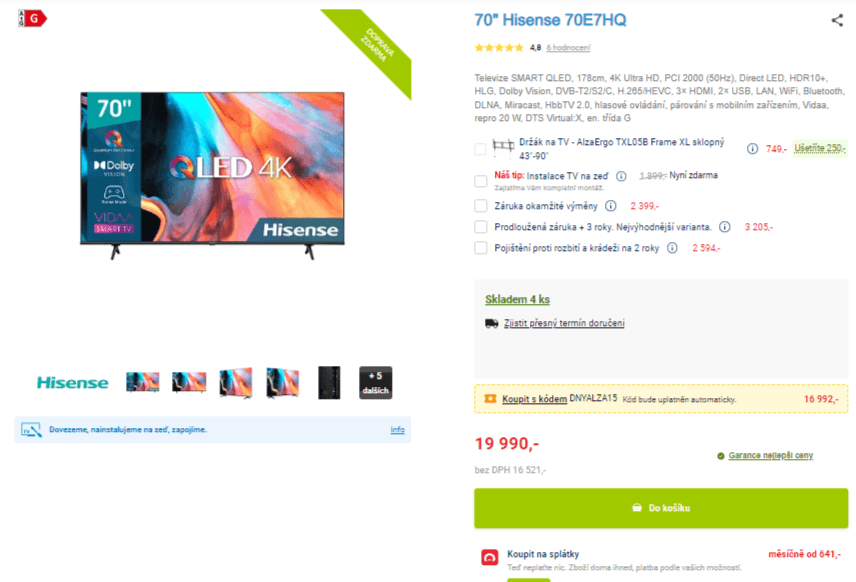 4K smart TV, 191 cm Hisense