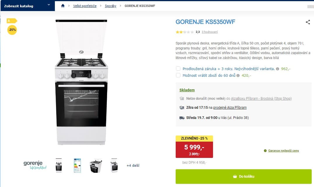 Komb. sporák Gorenje, 50cm, 70l, gril