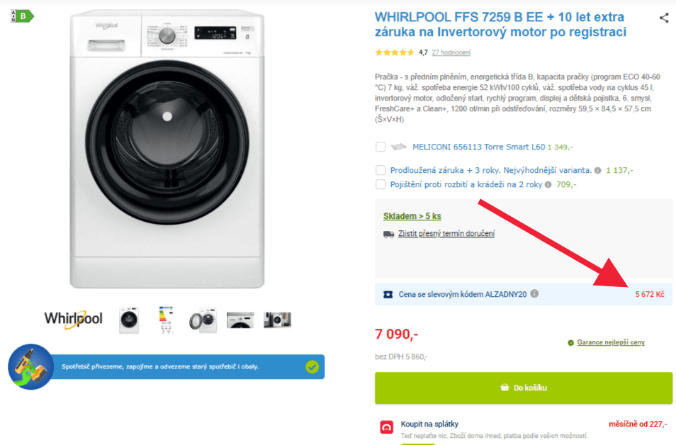 Pračka Whirlpool 7 kg, 1200 ot/min