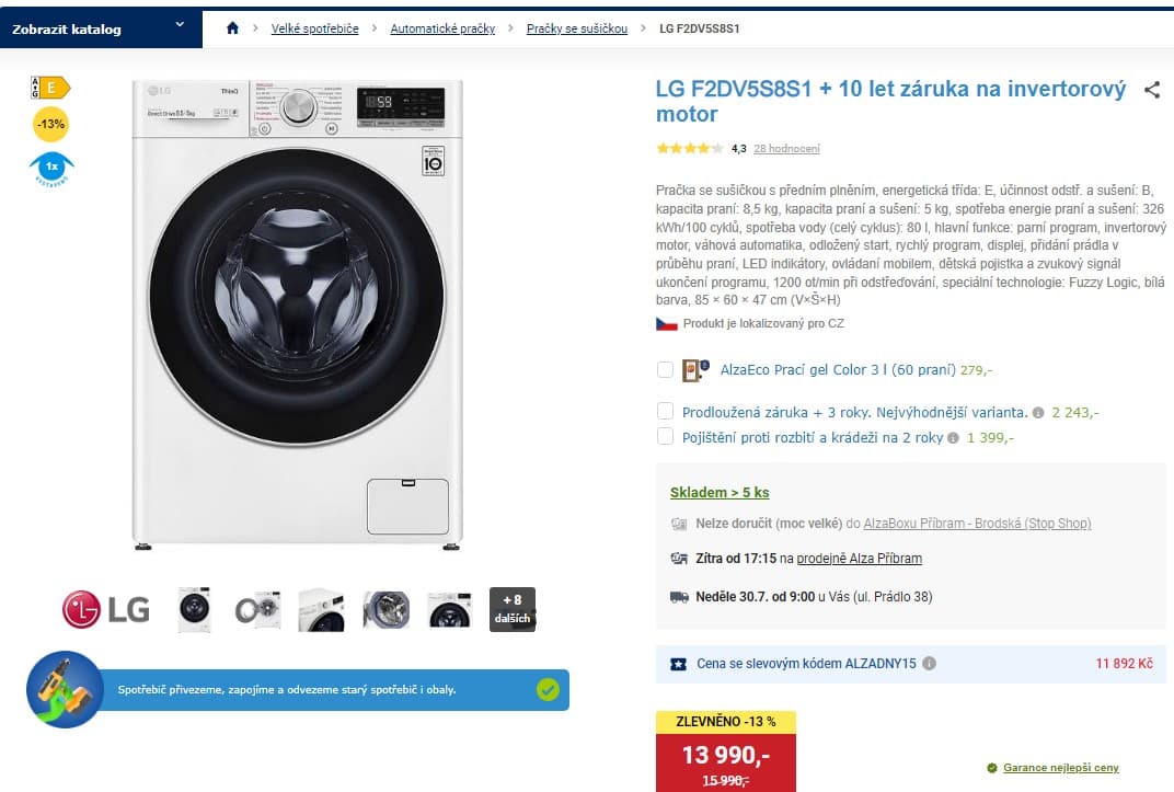 Pračka se sušičkou LG, 8,5/5 kg, 1200 ot/min