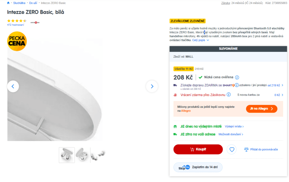 BT sluchátka s pouzdrem Intezze Zero