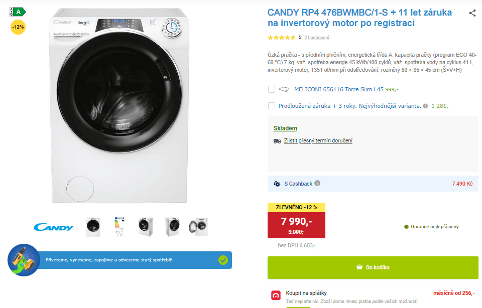 Úzká pračka Candy 7kg, 1400ot.,Wifi, BT