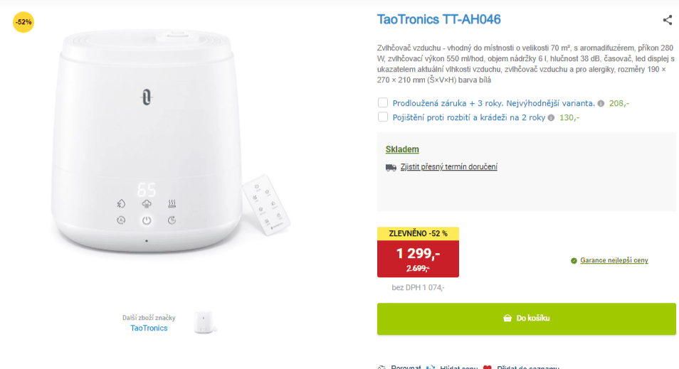 Zvlhčovač vzduchu TaoTronics 70 m²