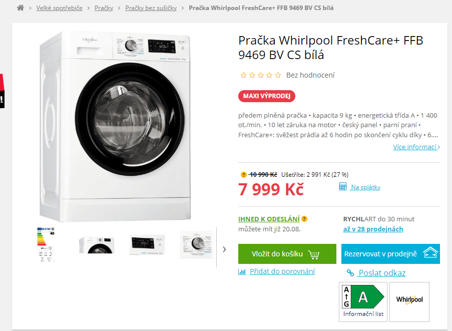 Parní pračka Whirlpool 9kg, 1400ot., A