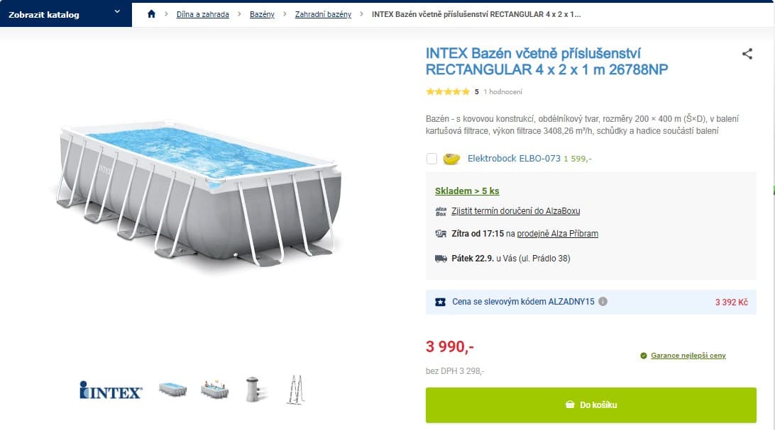 Bazén Intex 4x2x1 m, filtrace, schůdky, hadice
