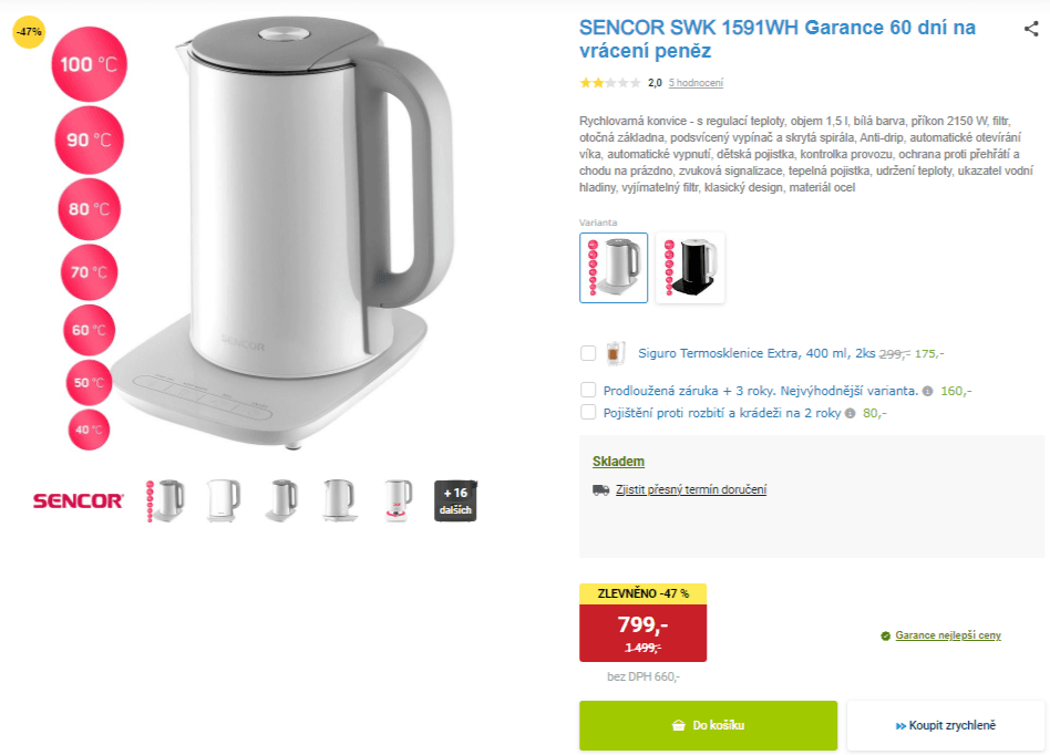 Rychlovarná konvice Sencor, teploty, 1,5l.