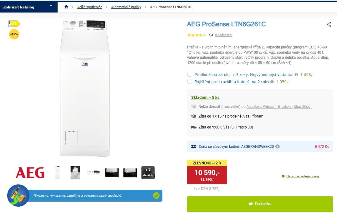 Vrchem plněná pračka AEG, 6kg, 1200 ot/min