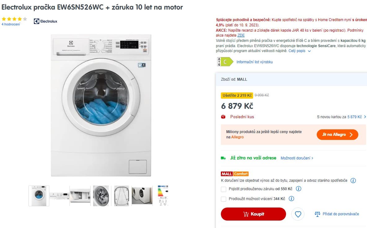 Pračka Electrolux, C, 6 kg, 1200 ot./min