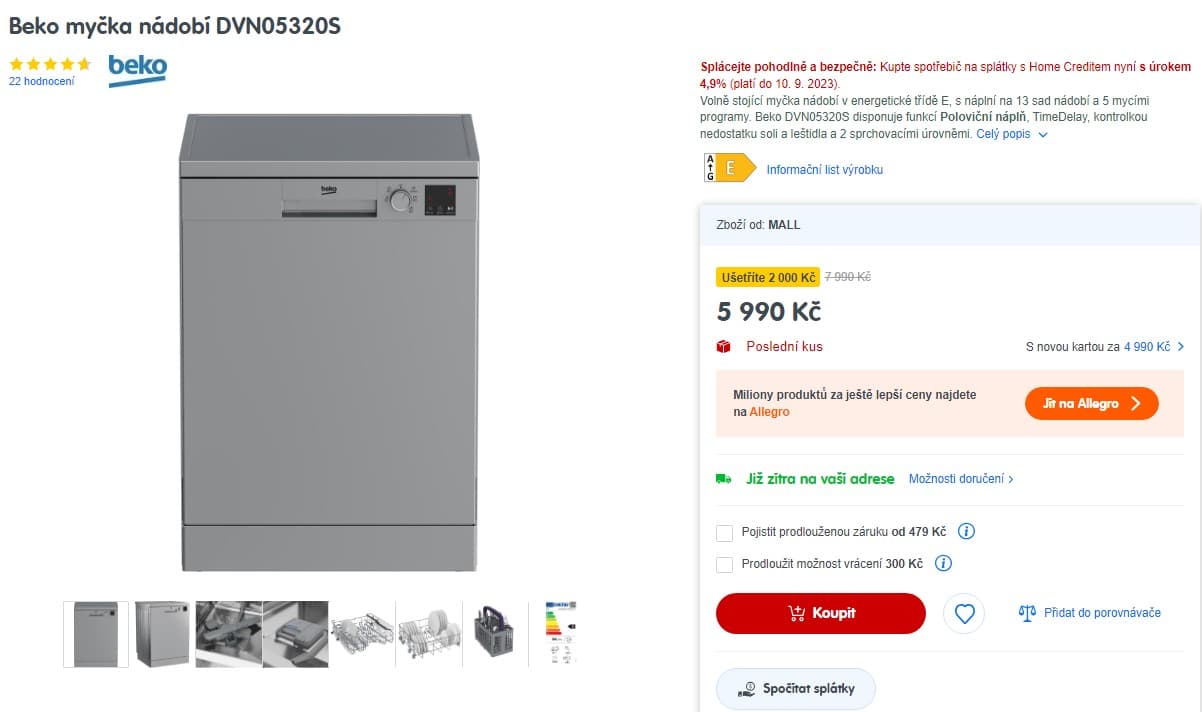 Myčka nádobí Beko, 13 sad, třída E