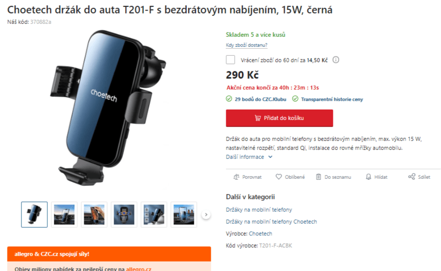 Držák do auta Choetech, bezdrátové nabíjení