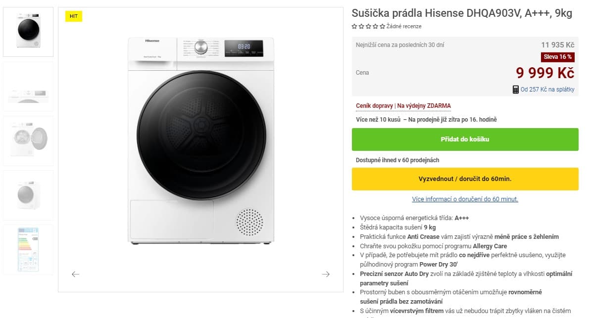Sušička prádla Hisense, A+++, 9kg