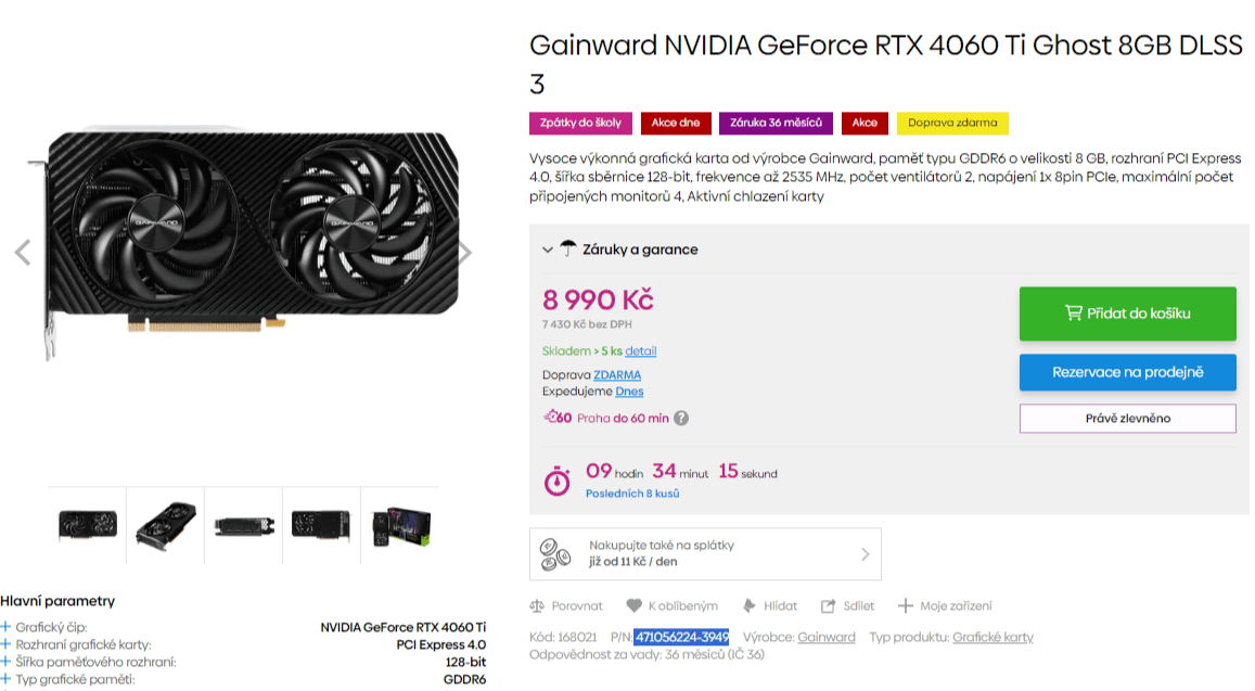 Grafická karta Nvidia GeForce, 8GB, 288GB/s