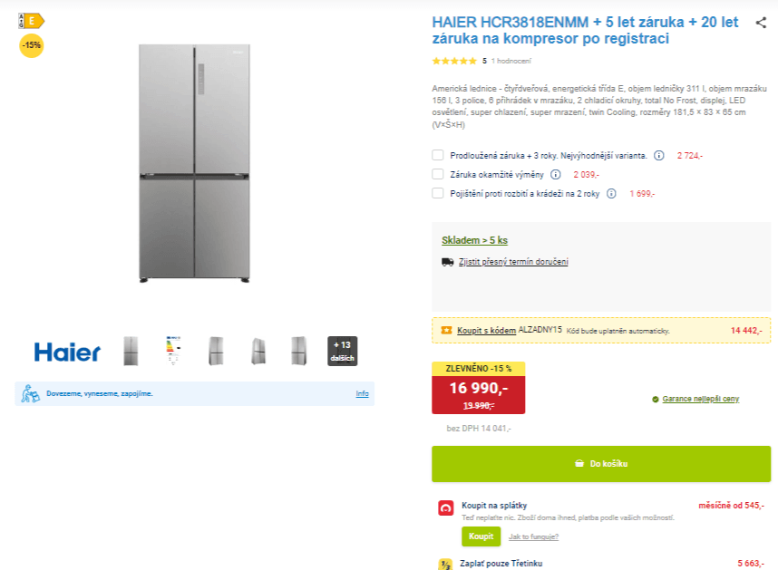 Americká lednice Haier, 182cm