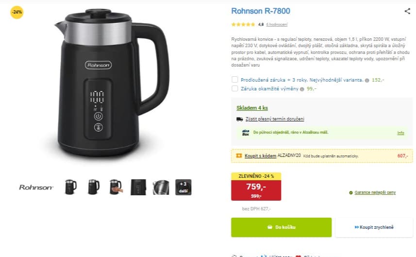 Rychlovarná konvice Rohnson 1,5l, teploty
