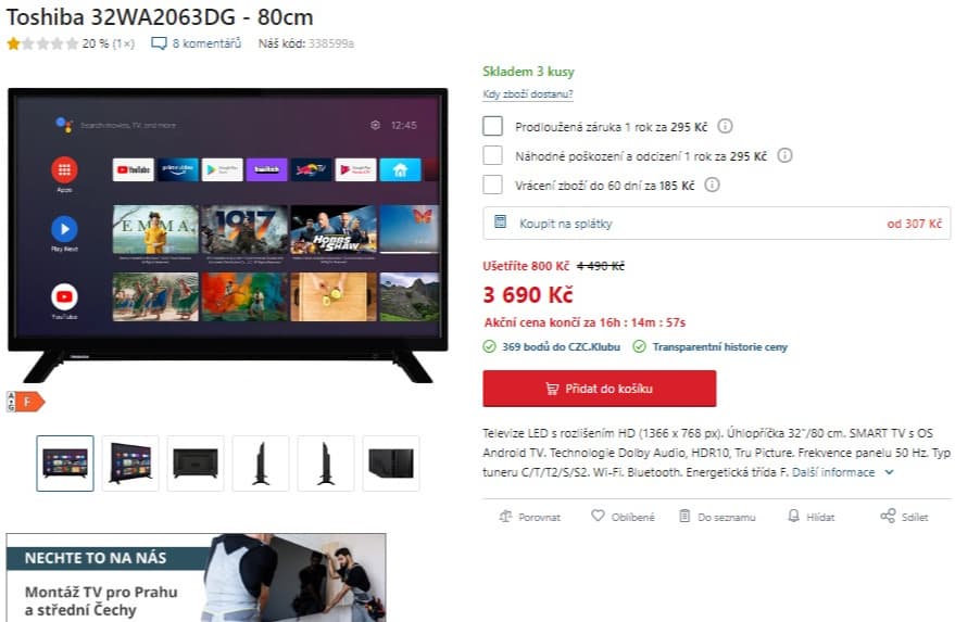 HD ready TV, Smart, Android, 80cm, Toshiba