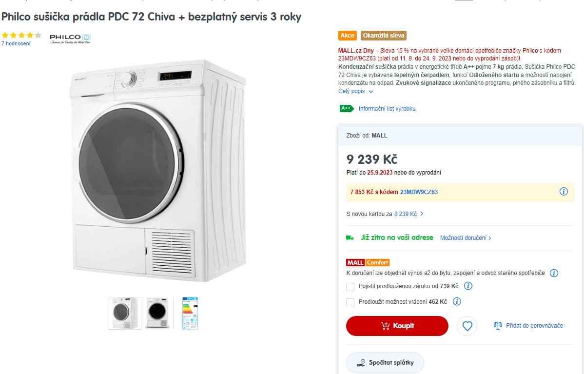Sušička Philco, A++, 7 Kg, 15 prog.