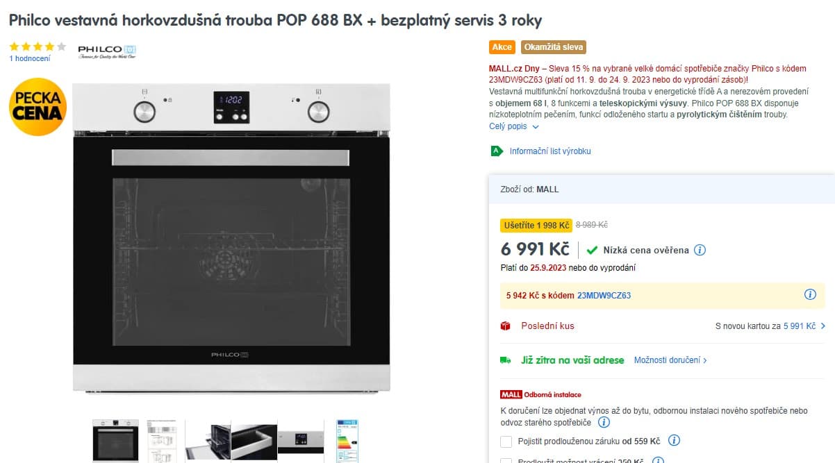 Vestavná horkovzdušná trouba Philco, 68 l, 8 prog.