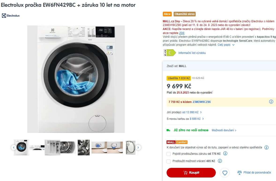 Pračka Electrolux, 1200 ot./min, 9 kg, C