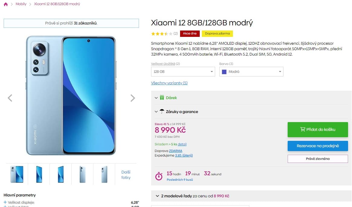 Xiaomi 12, 8x 3GHz, 8GB RAM, 6,28"