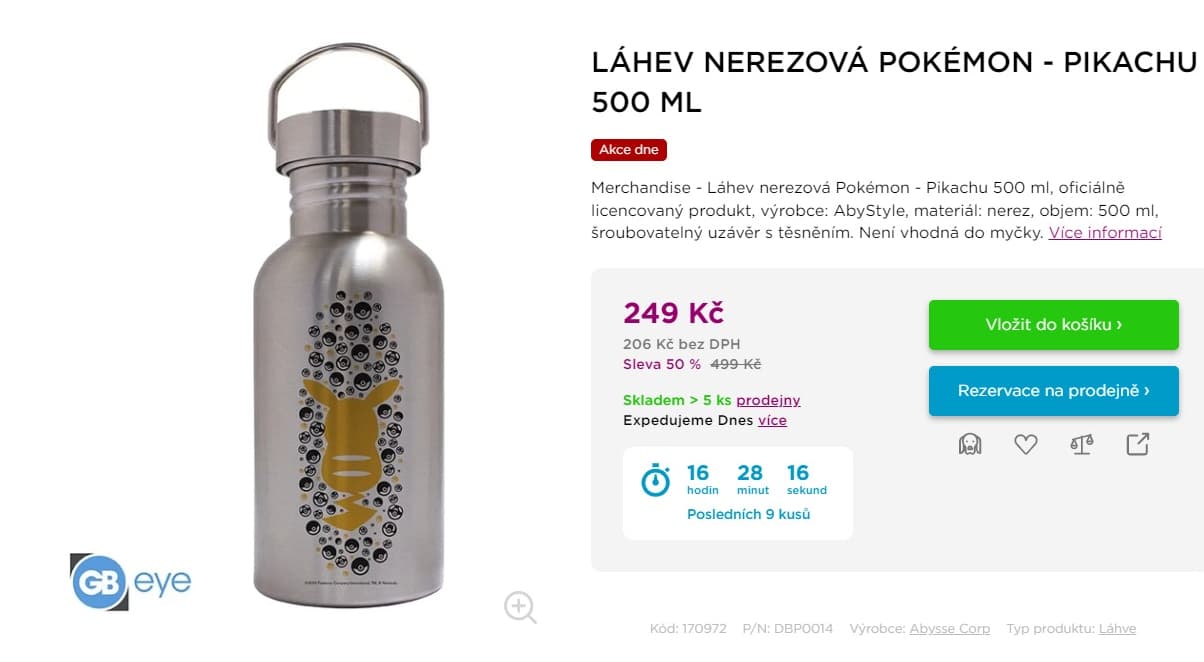 Nerez láhev CurePink Pokémon Pikachu 500 ml