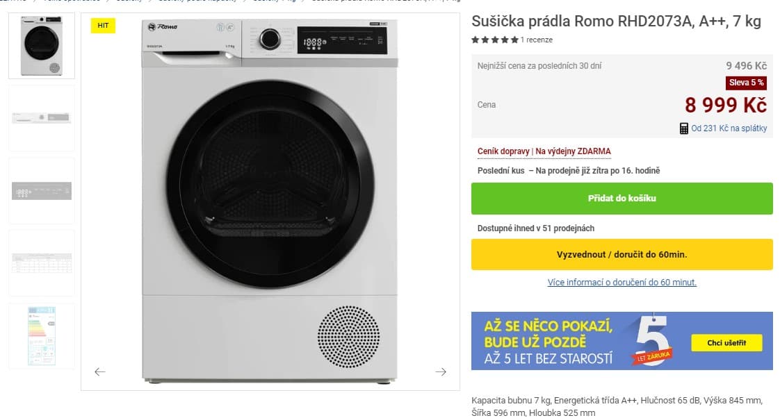 Sušička prádla Romo, A++, 7 kg, 14 prog.