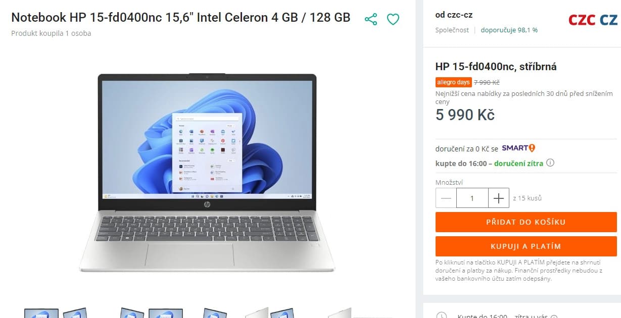 HP 3,4GHz, 4GB RAM, SSD, 15,6"