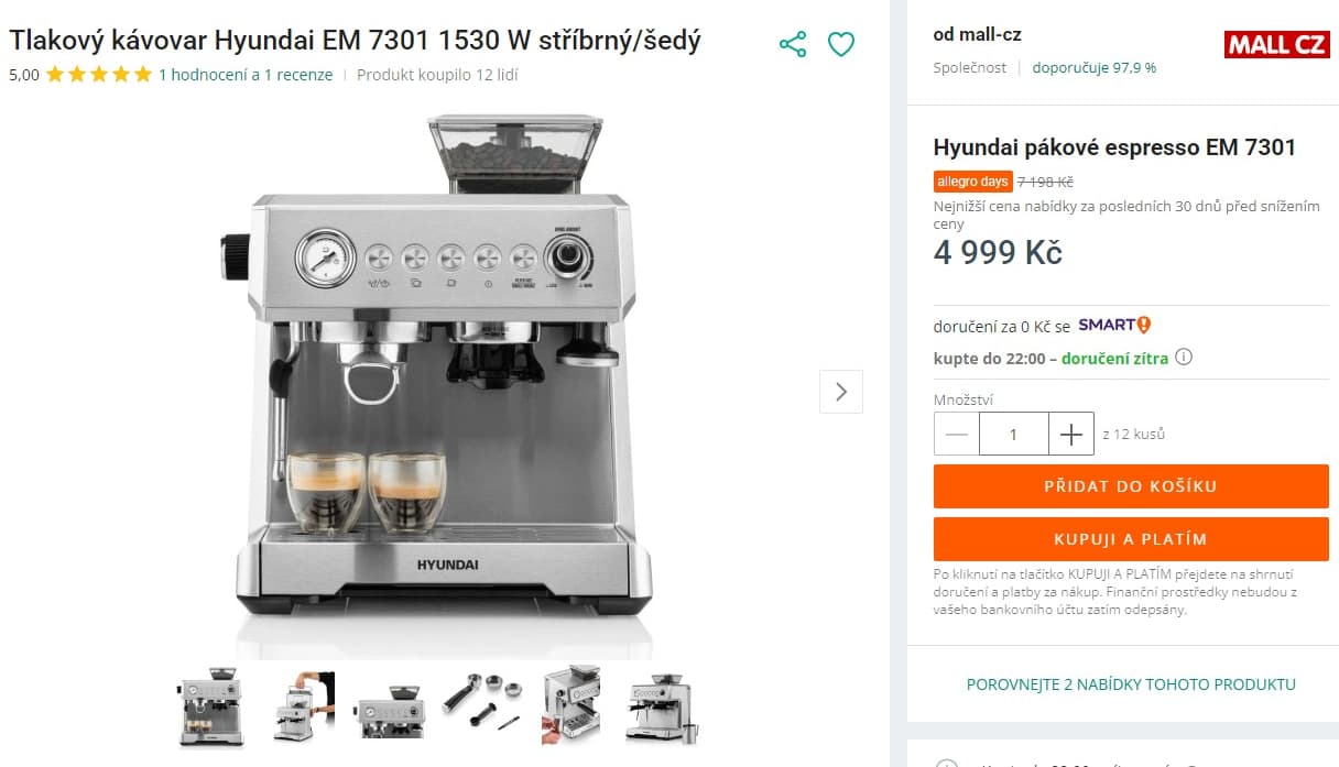 Pákové espresso Hyundai, mlýnek na kávu