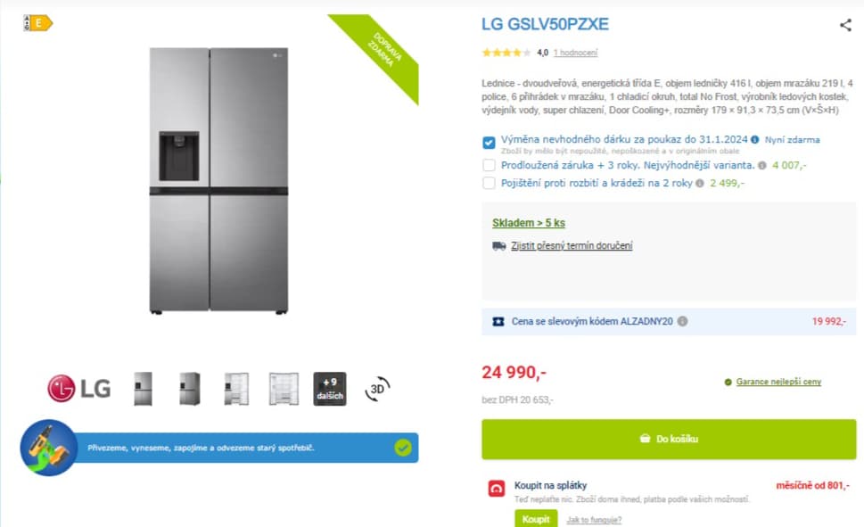 Americká lednice LG, led, voda, 179cm