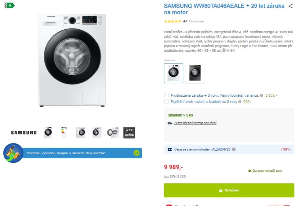 Pračka Samsung, 8kg, 1400 ot., pára, A+++