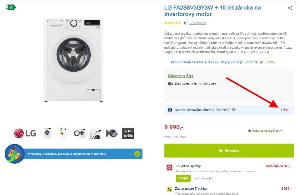 Úzká parní pračka LG 8,5kg, 1200ot.
