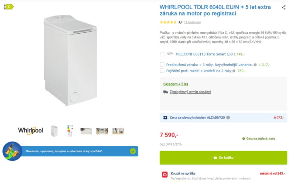 Pračka Whirlpool, 6kg, 1000 ot.