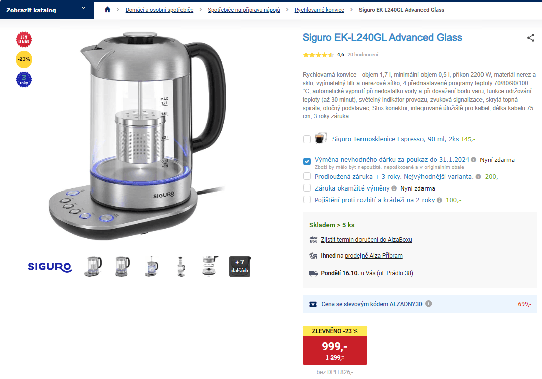 Rychlovarná konvice Siguro, 1,7 l, nast. teploty
