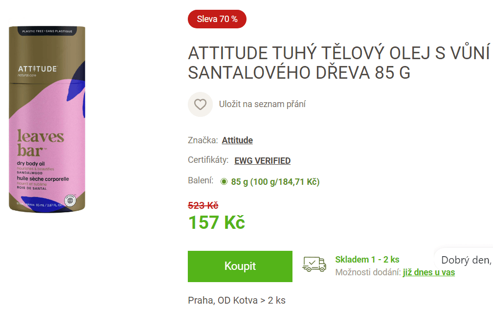 Tuhý tělový olej Attitude Santalové dřevo