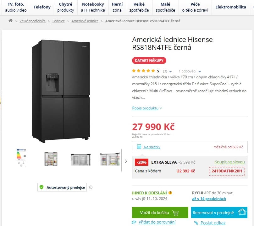 Americká lednice Hisense, led, voda, 179cm