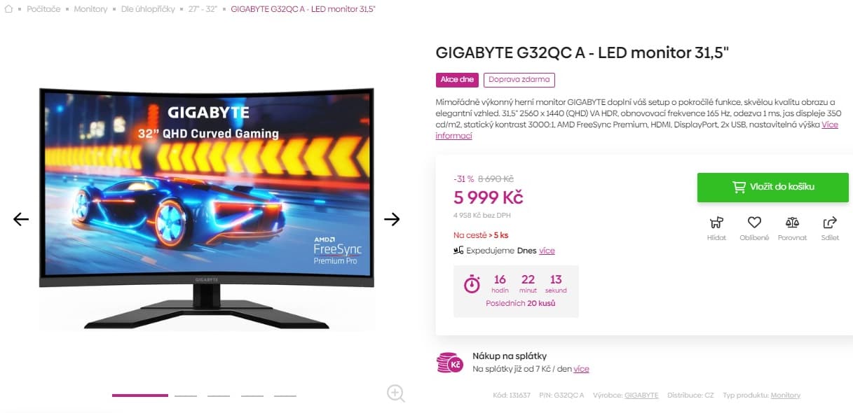 QHD PC monitor Gigabyte, curved 31,5"