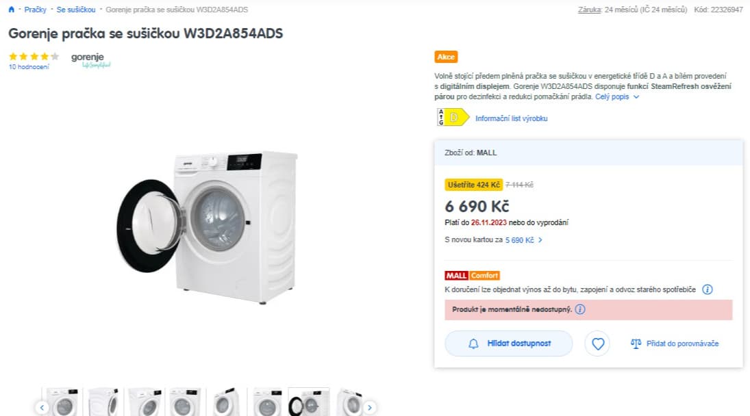 Pračka, sušička Gorenje 8/5kg, pára, 1400ot.