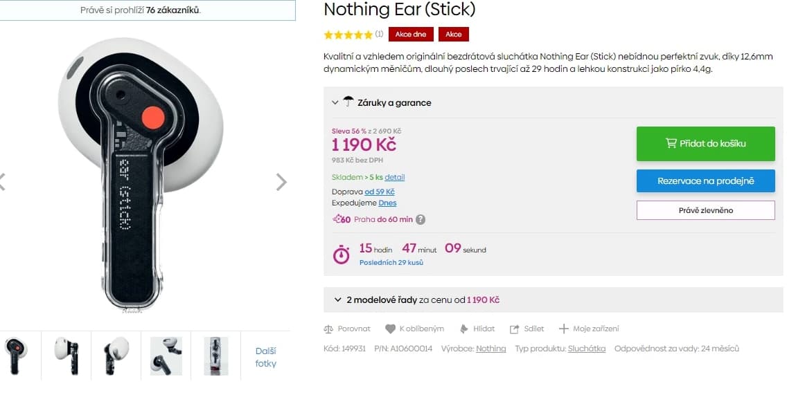 BT sluchátka NOTHING Ear (stick)
