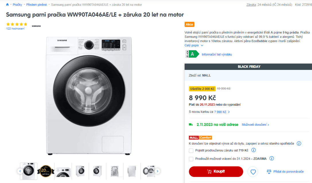 Parní pračka Samsung 9kg, 1400 ot.