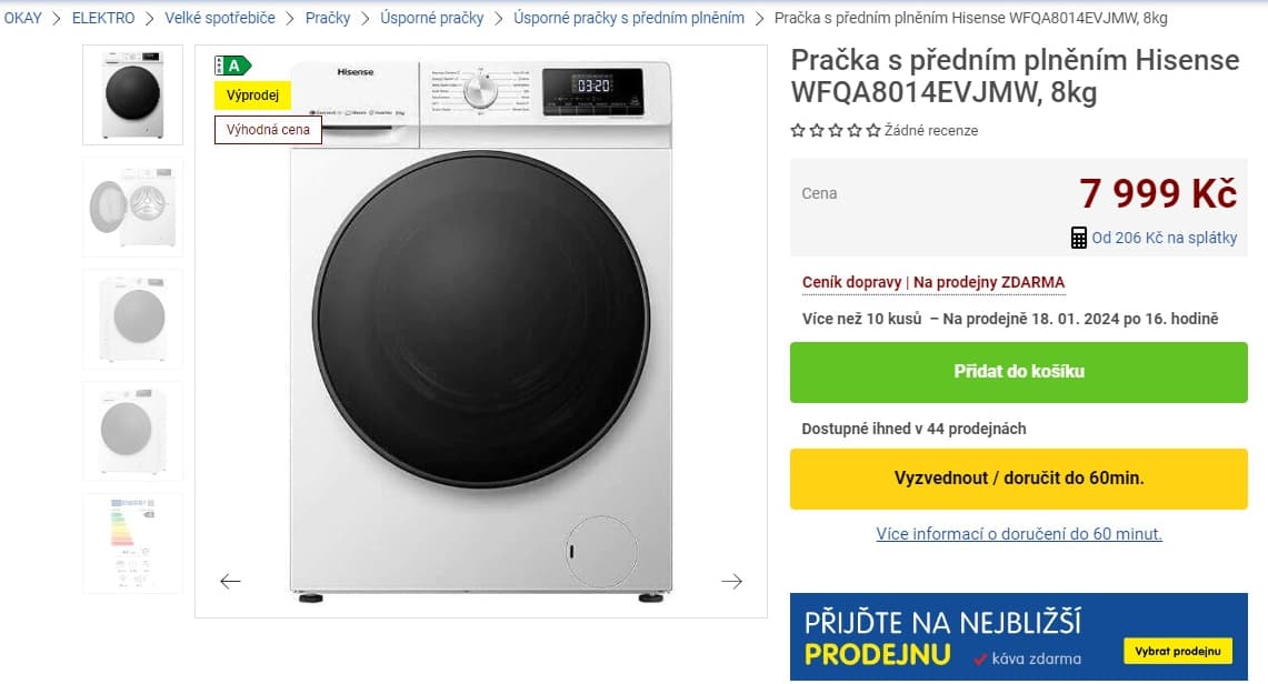 Pračka Hisense 8kg, 1400ot., Wifi, A