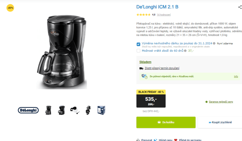 Překapávač na kávu De'Longhi, 1,25 l